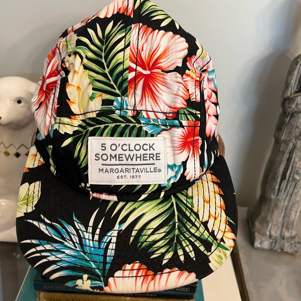 Margaritaville Black Floral Five-Panel Hat with Multicolor Hibiscus